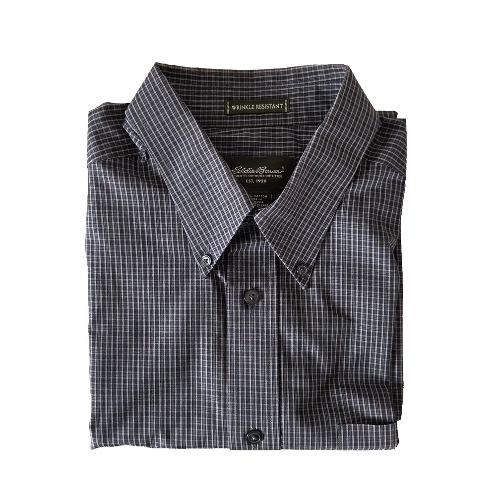 VTG Eddie Bauer Men's L Plaid Button Down Shirt Grey Wrinkle Resistant Y2K 06